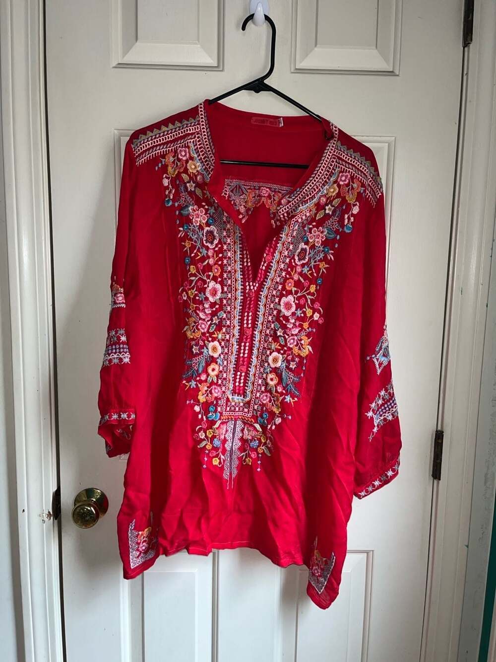Johnny Was Bethanie Red Silk Embroidered Tunic Blouse